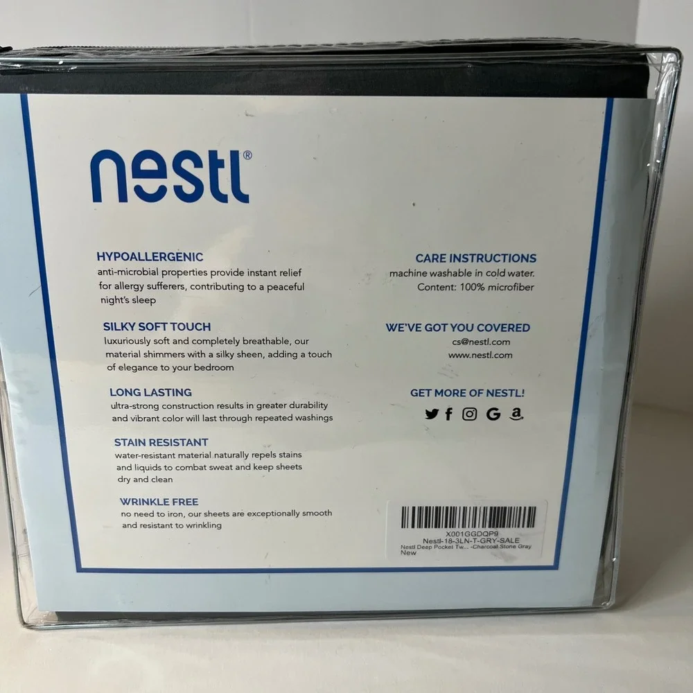 Nestl Twin Size 3 Piece Bed Sheet Set Charcoal Gray‎ Deep Pocket MIcrofiber NIP